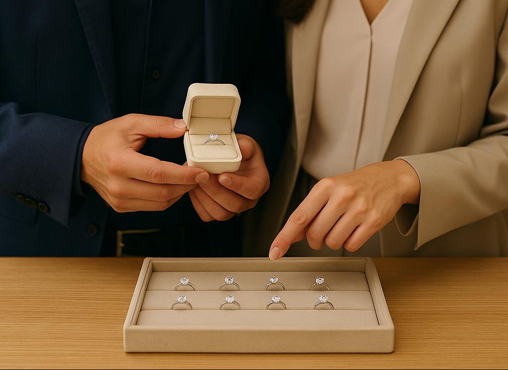 Two people examining rings in a box on a wooden table