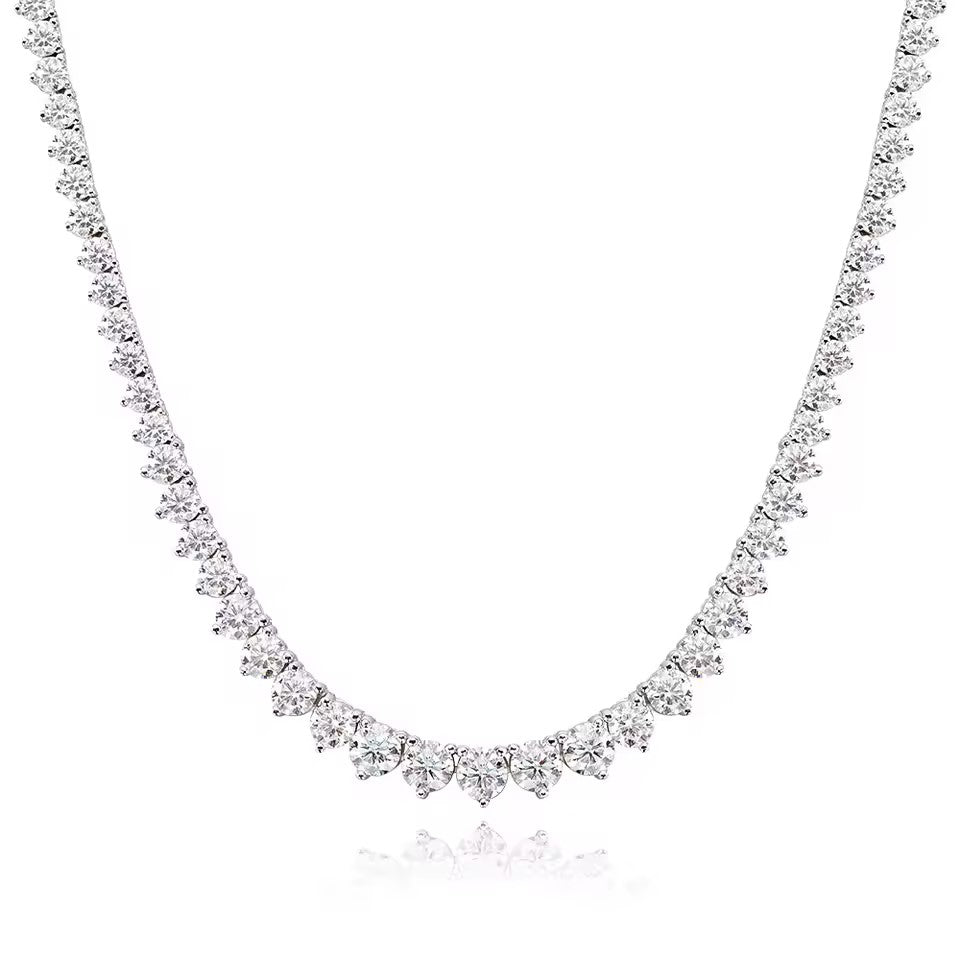 Graduated Moissanite Tennis Necklace – 18K White Gold Plated Silver | 3-Claw or 4-Claw Setting