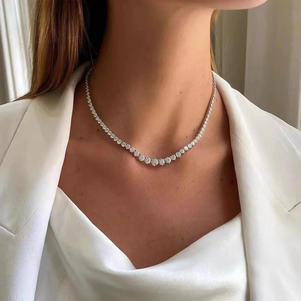 Graduated Moissanite Tennis Necklace – 18K White Gold Plated Silver | 3-Claw or 4-Claw Setting
