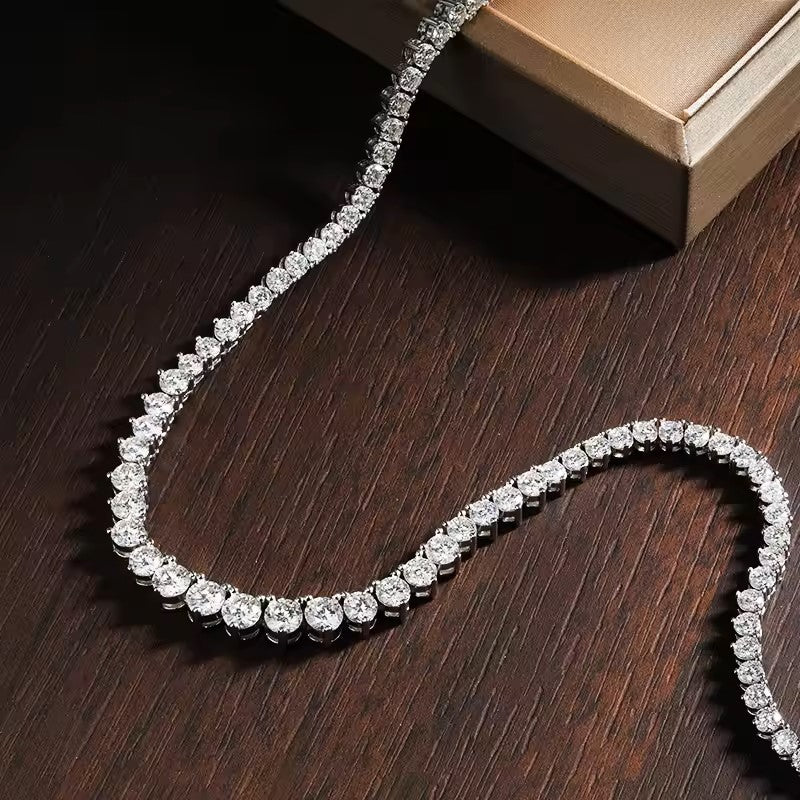 Graduated Moissanite Tennis Necklace – 18K White Gold Plated Silver | 3-Claw or 4-Claw Setting