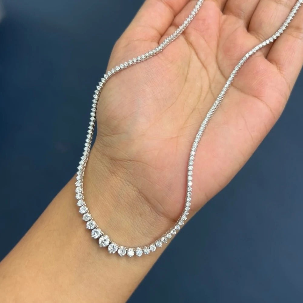 Graduated Moissanite Tennis Necklace – 18K White Gold Plated Silver | 3-Claw or 4-Claw Setting