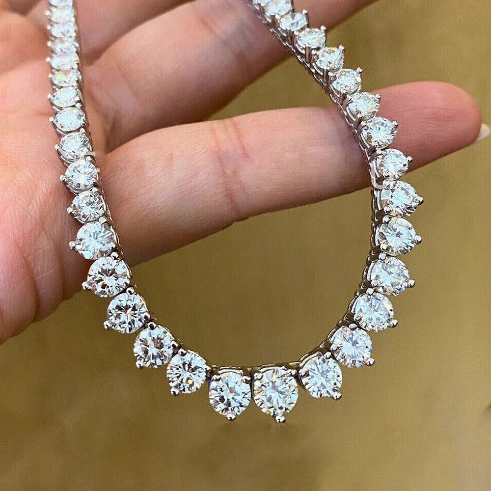 Graduated Moissanite Tennis Necklace – 18K White Gold Plated Silver | 3-Claw or 4-Claw Setting