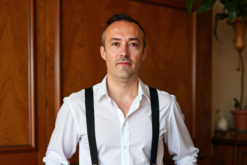 Man wearing a white shirt and black suspenders standing against a wooden background