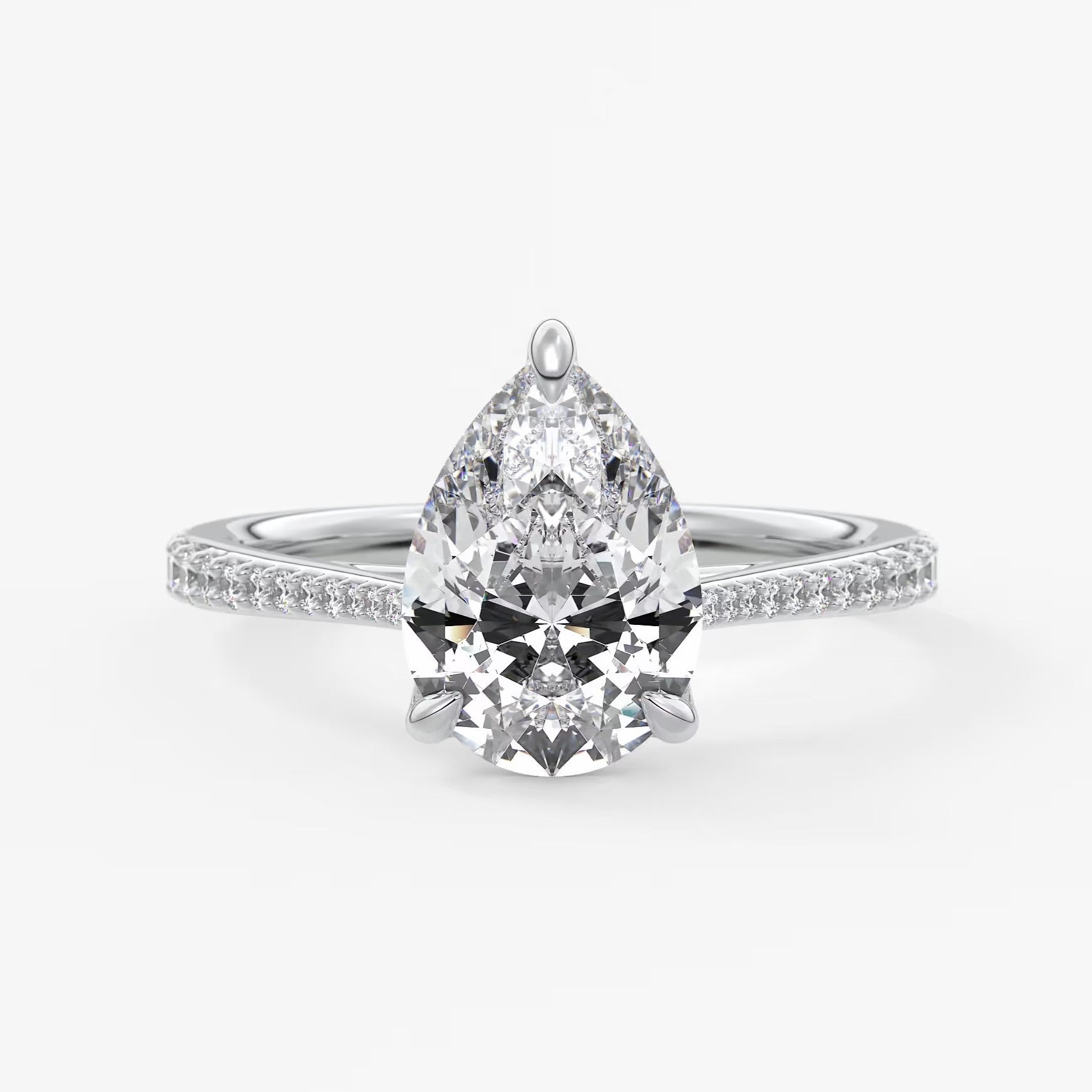Tulip pear pavé cathedral solitaire ring