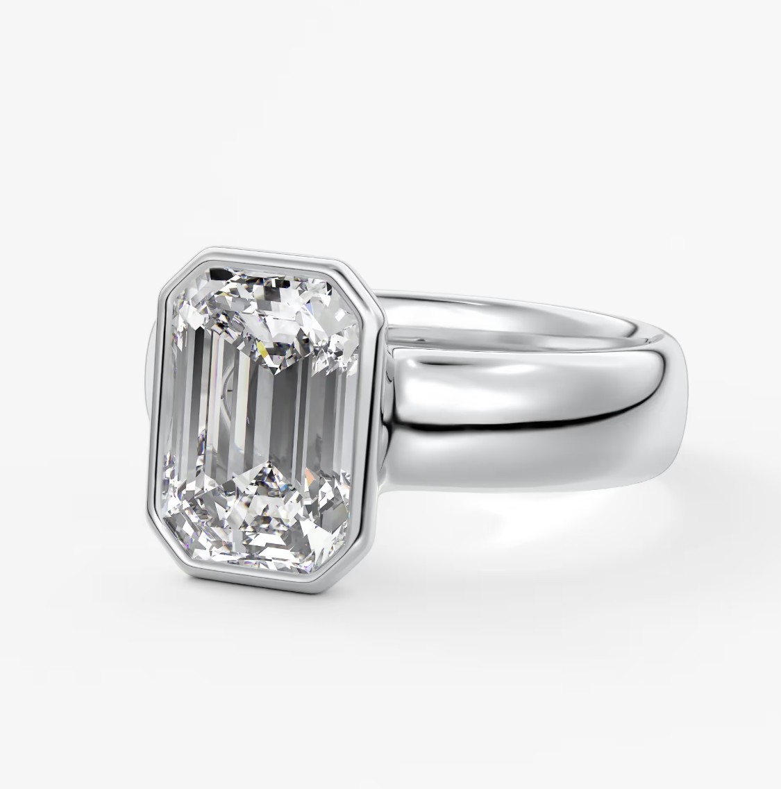 Véda Grande Emerald Bezel Engagement Ring – Lab Diamond or Moissanite