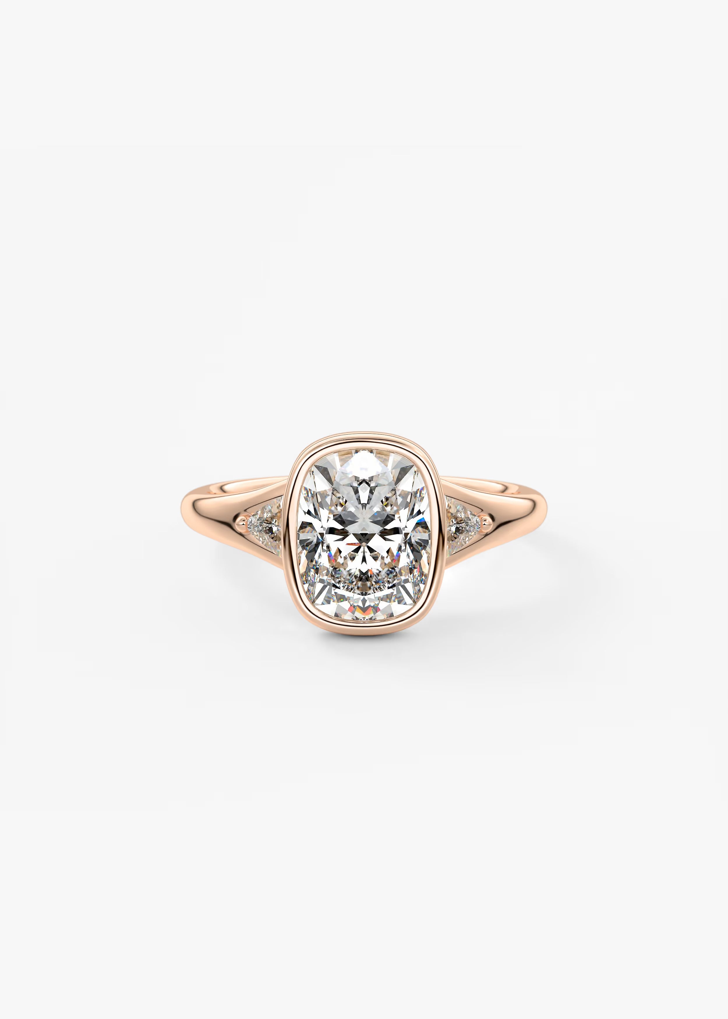 Véda Trilogy – Cushion with Trillion Side Stone Split Shank Engagement Ring