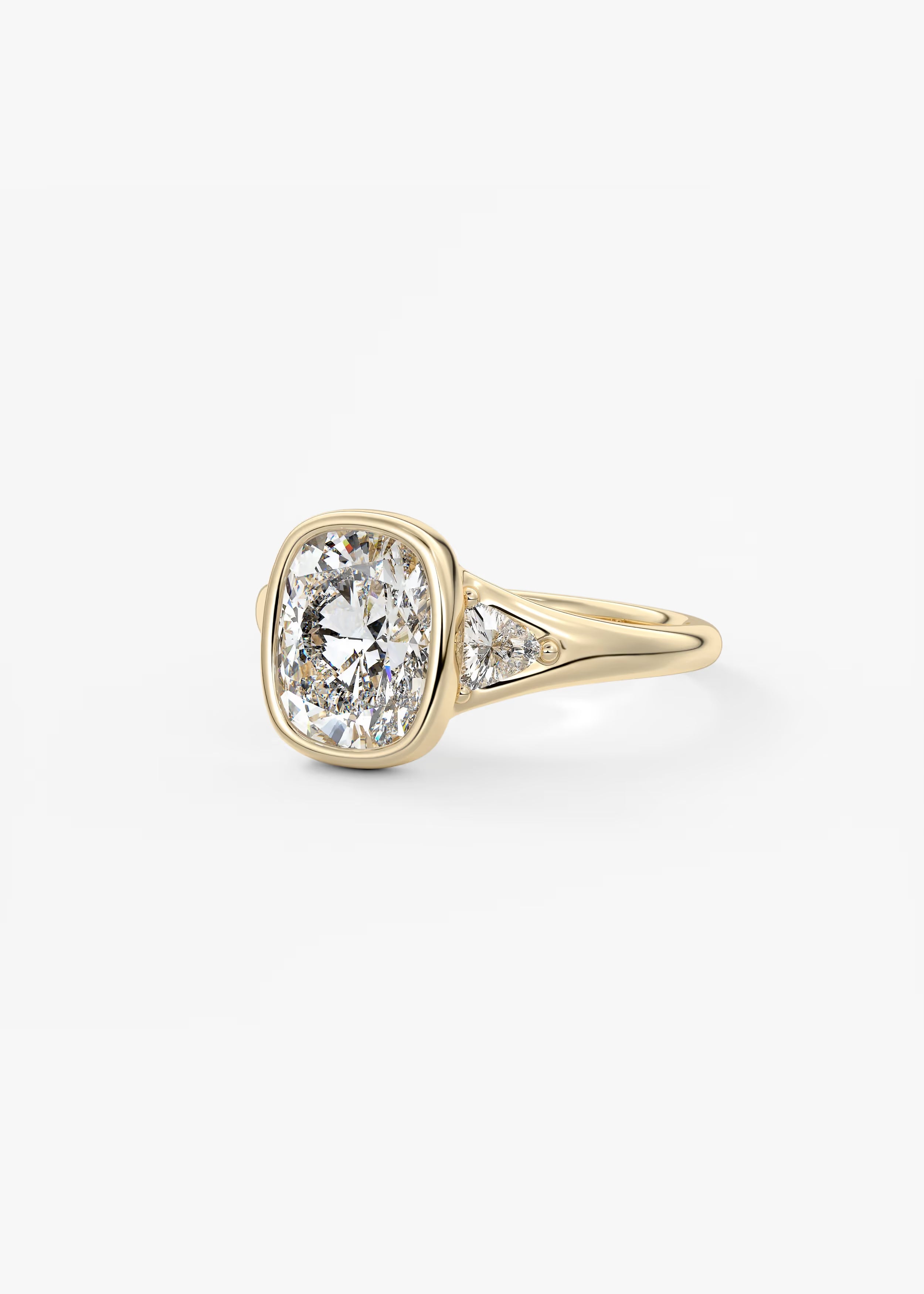 Véda Trilogy – Cushion with Trillion Side Stone Split Shank Engagement Ring