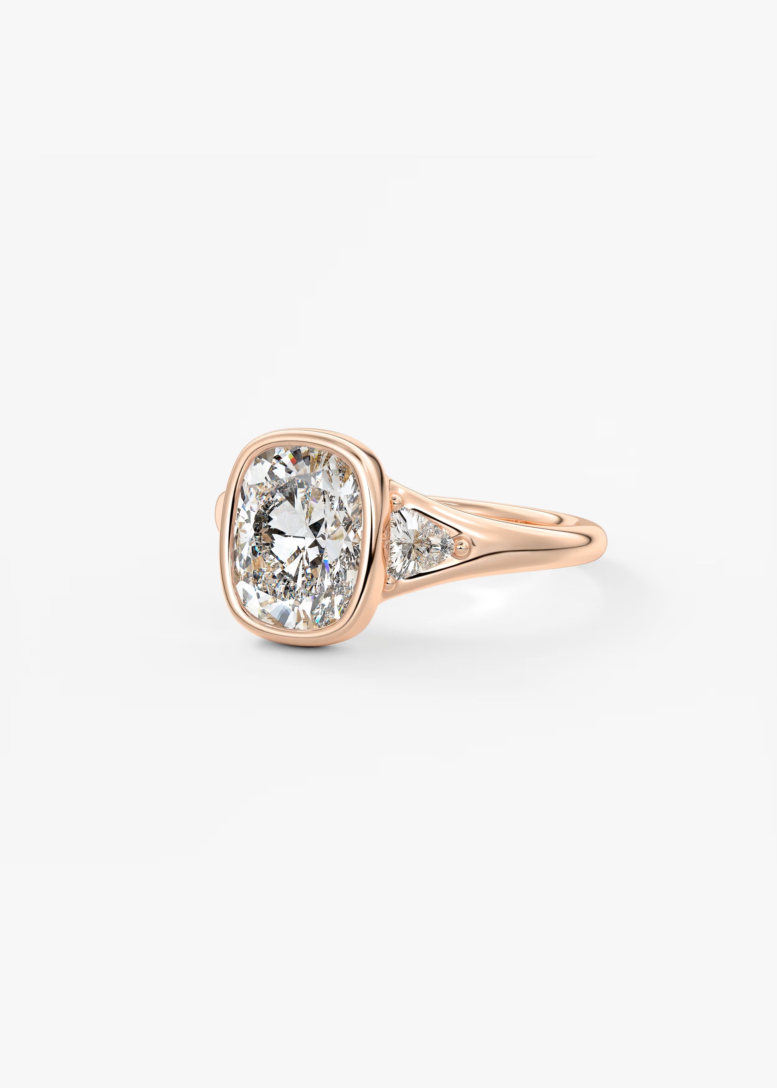 Véda Trilogy – Cushion with Trillion Side Stone Split Shank Engagement Ring