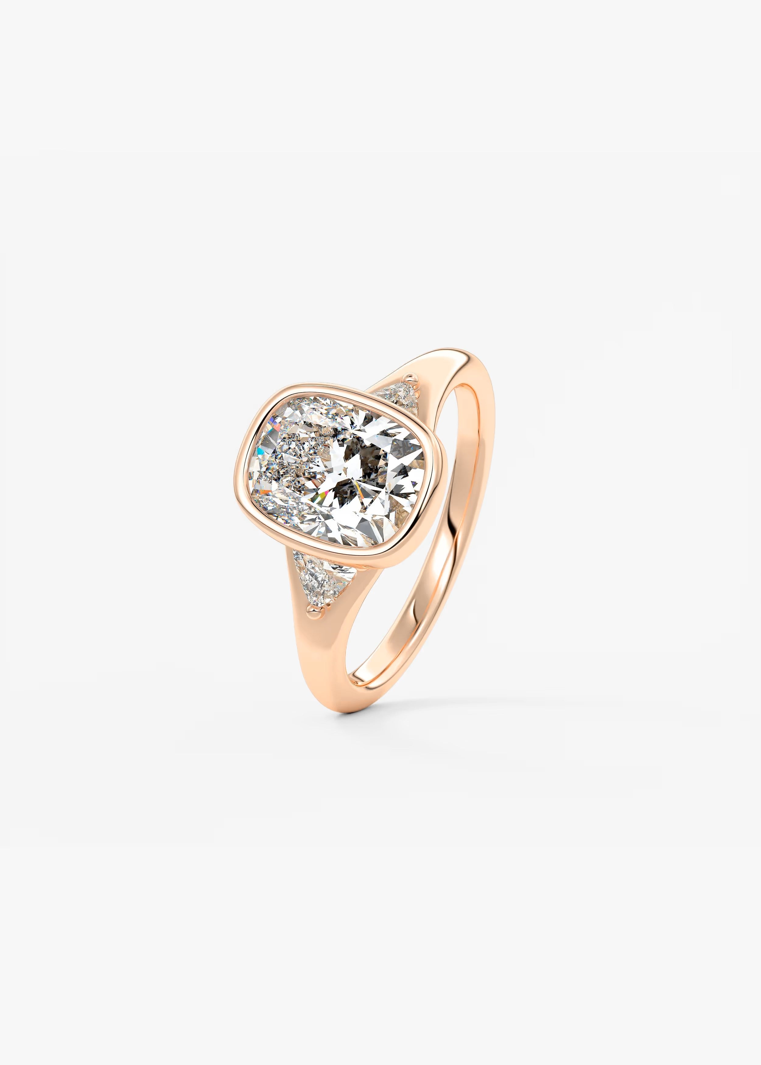 Véda Trilogy – Cushion with Trillion Side Stone Split Shank Engagement Ring