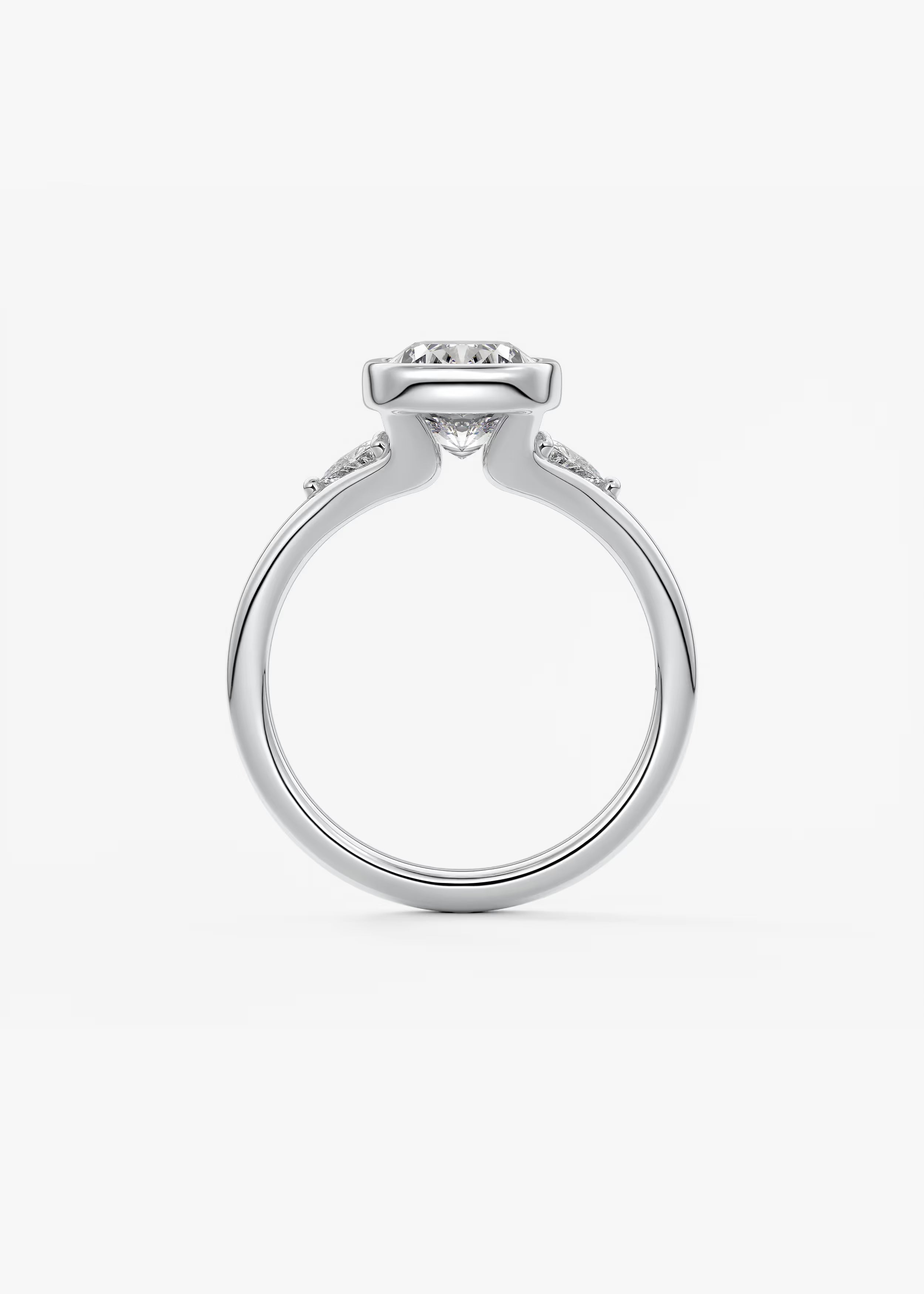 Véda Trilogy – Cushion with Trillion Side Stone Split Shank Engagement Ring