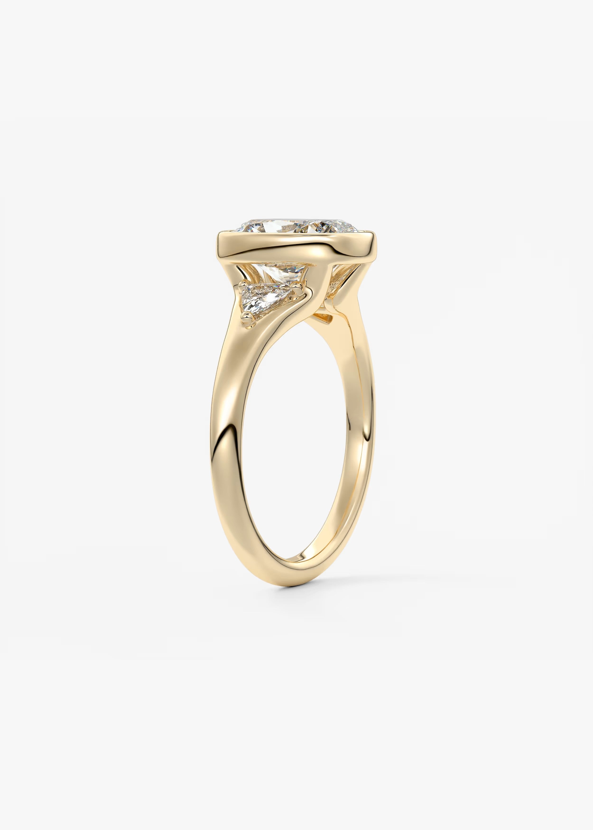 Véda Trilogy – Cushion with Trillion Side Stone Split Shank Engagement Ring