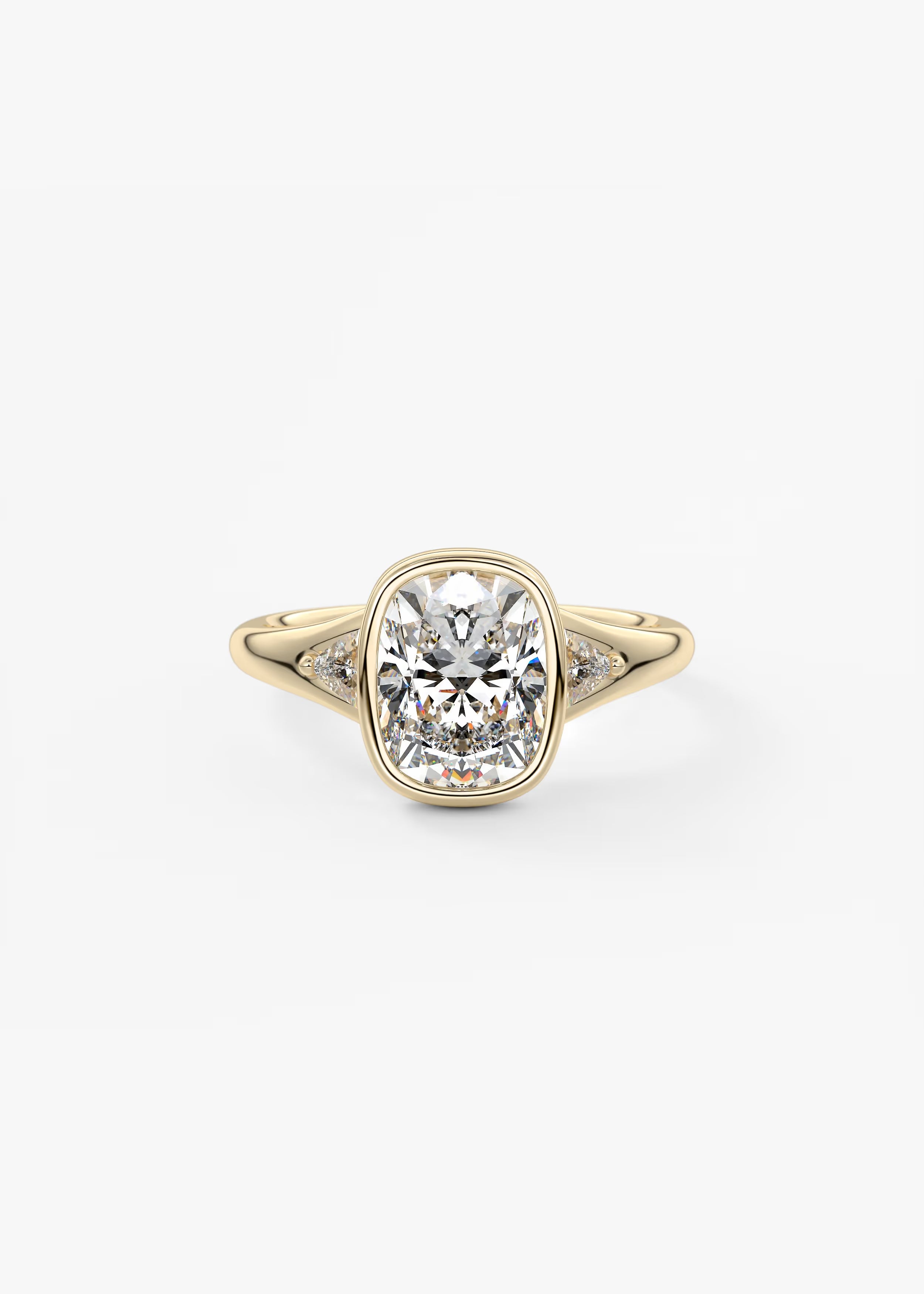 Véda Trilogy – Cushion with Trillion Side Stone Split Shank Engagement Ring