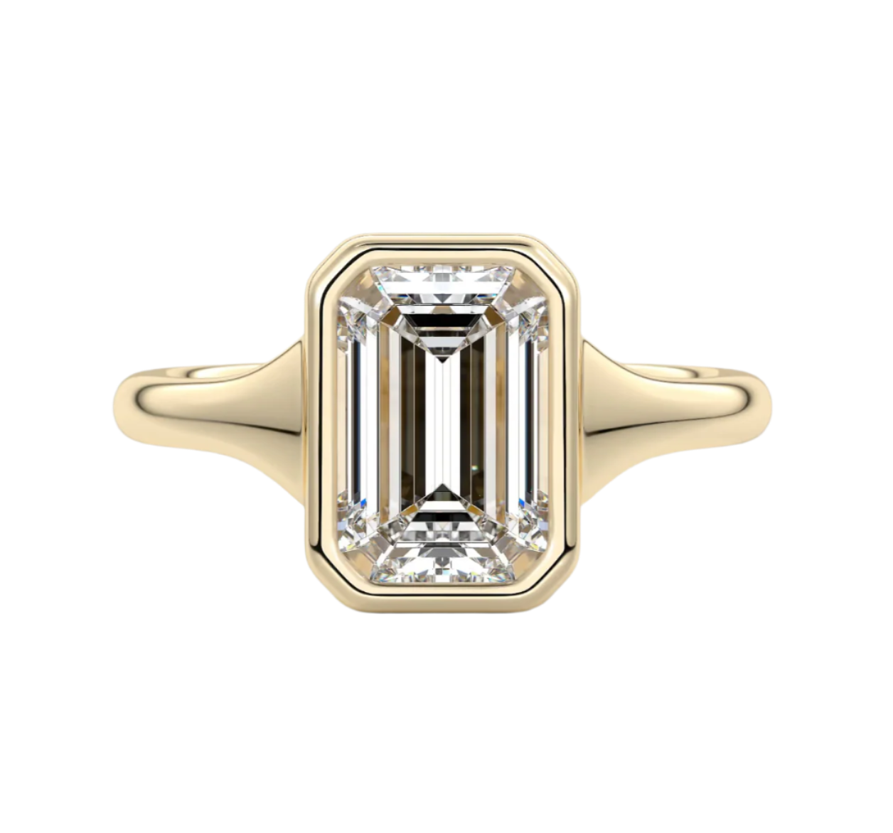 Gold ring with a large diamond on a white background