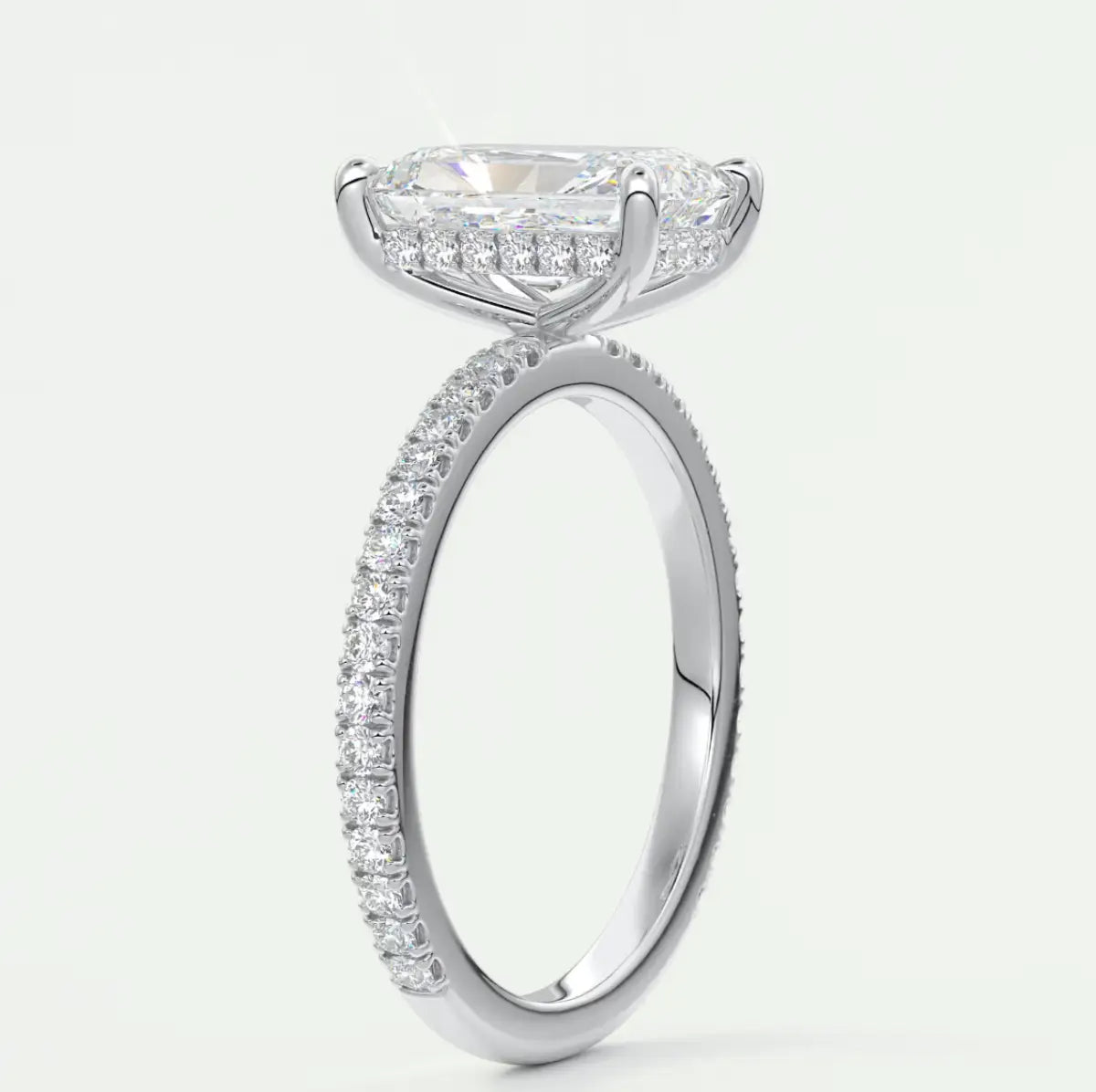 Custom made amelie radiant hidden halo engagement ring | diamond lab