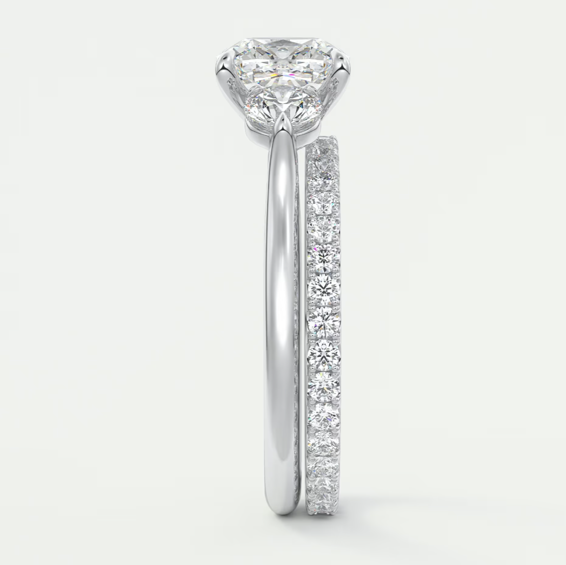 Custom made aveline cushion cathedral three-stone engagement ring | diamond lab