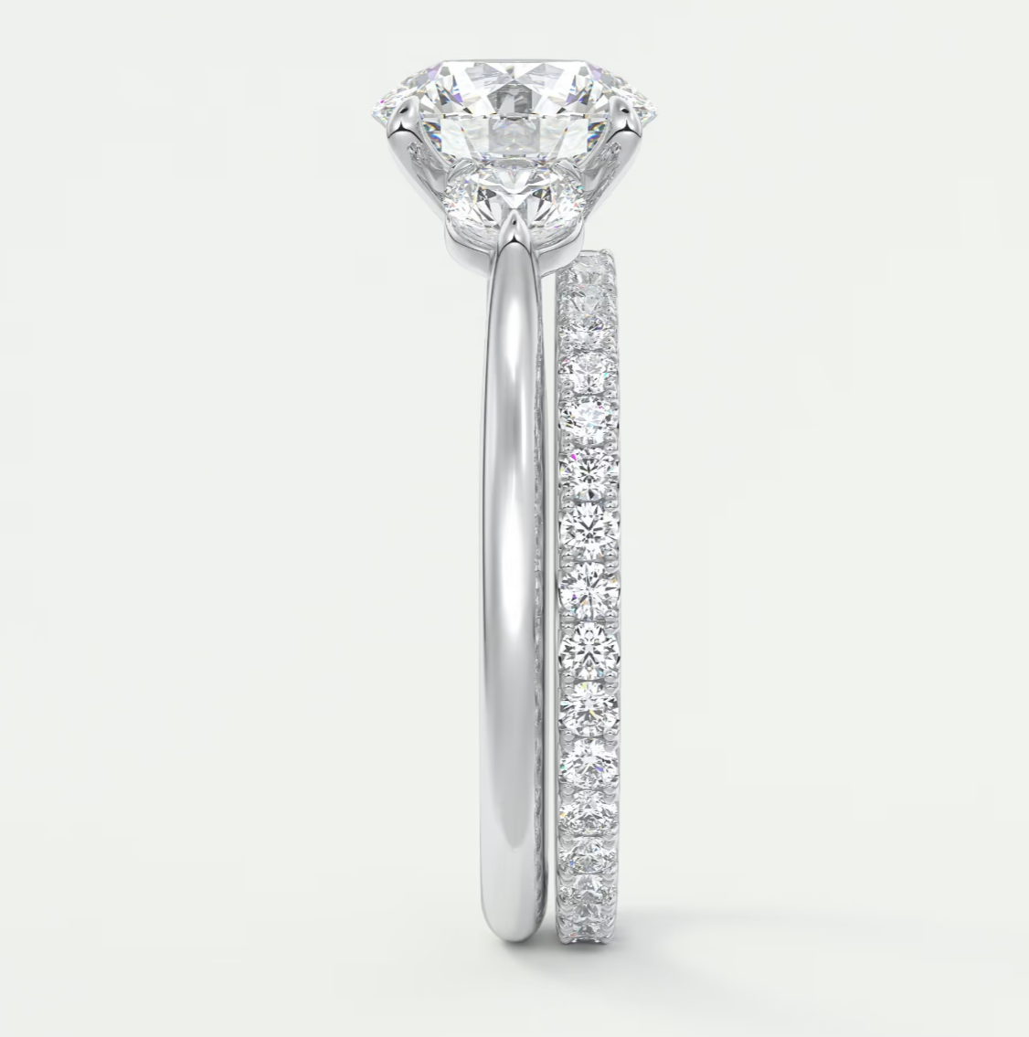 Custom made aveline round cathedral three-stone engagement ring | diamond lab