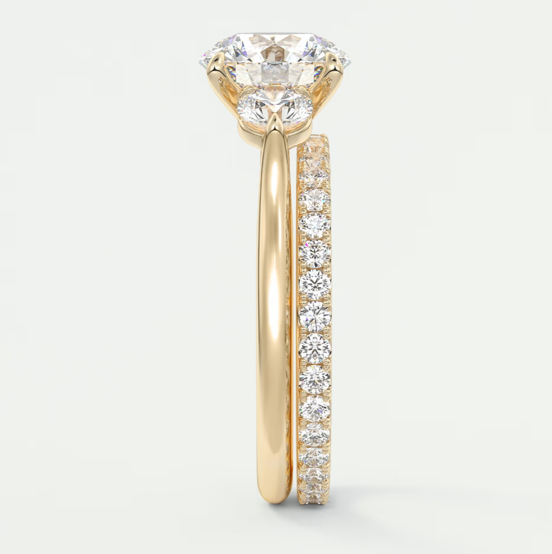 Custom made aveline round cathedral three-stone engagement ring | diamond lab