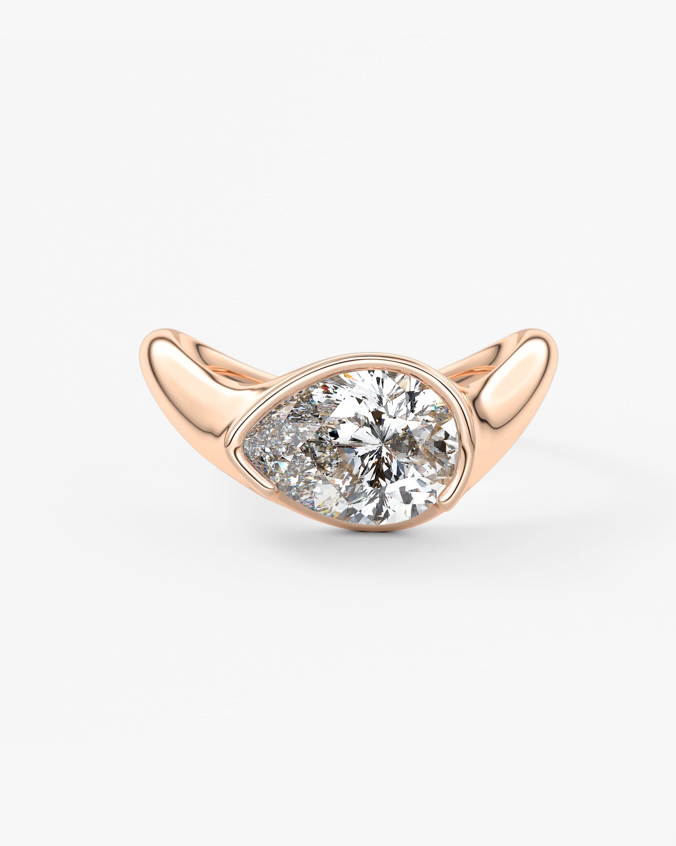 Rose gold ring with a diamond on a white background