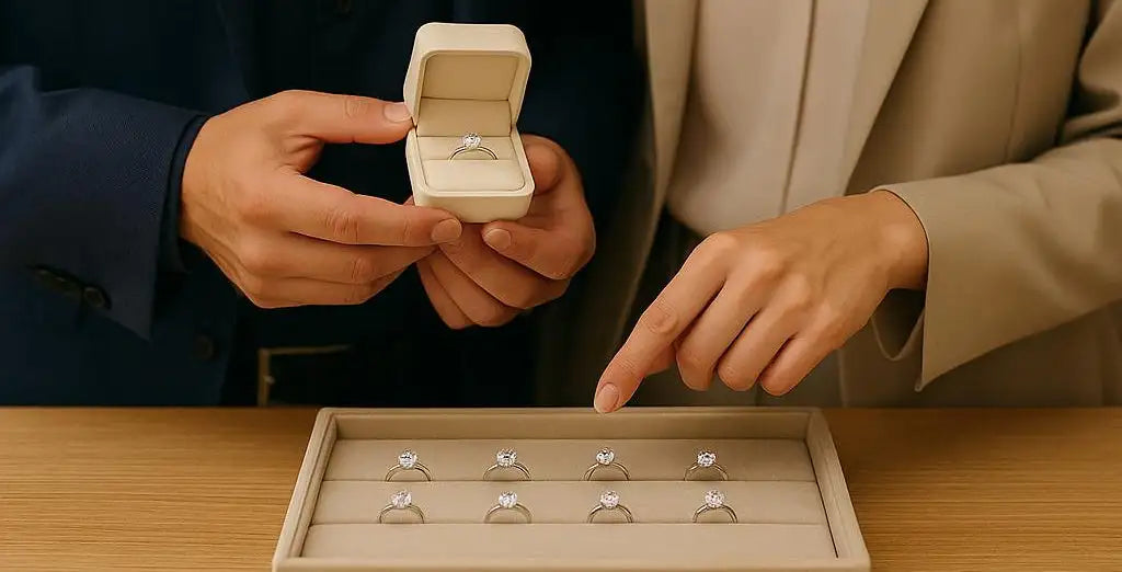 Person holding an open jewelry box with a ring, pointing at a tray of other rings on a wooden surface.