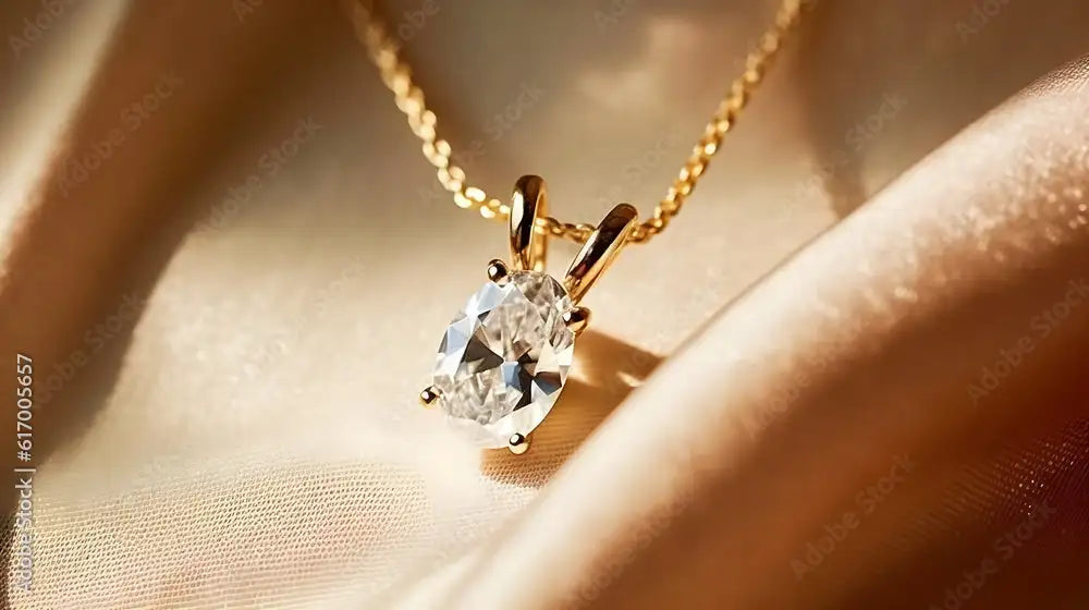 A delicate gold chain holds an oval-cut clear gemstone pendant, elegantly displayed against a soft fabric backdrop.