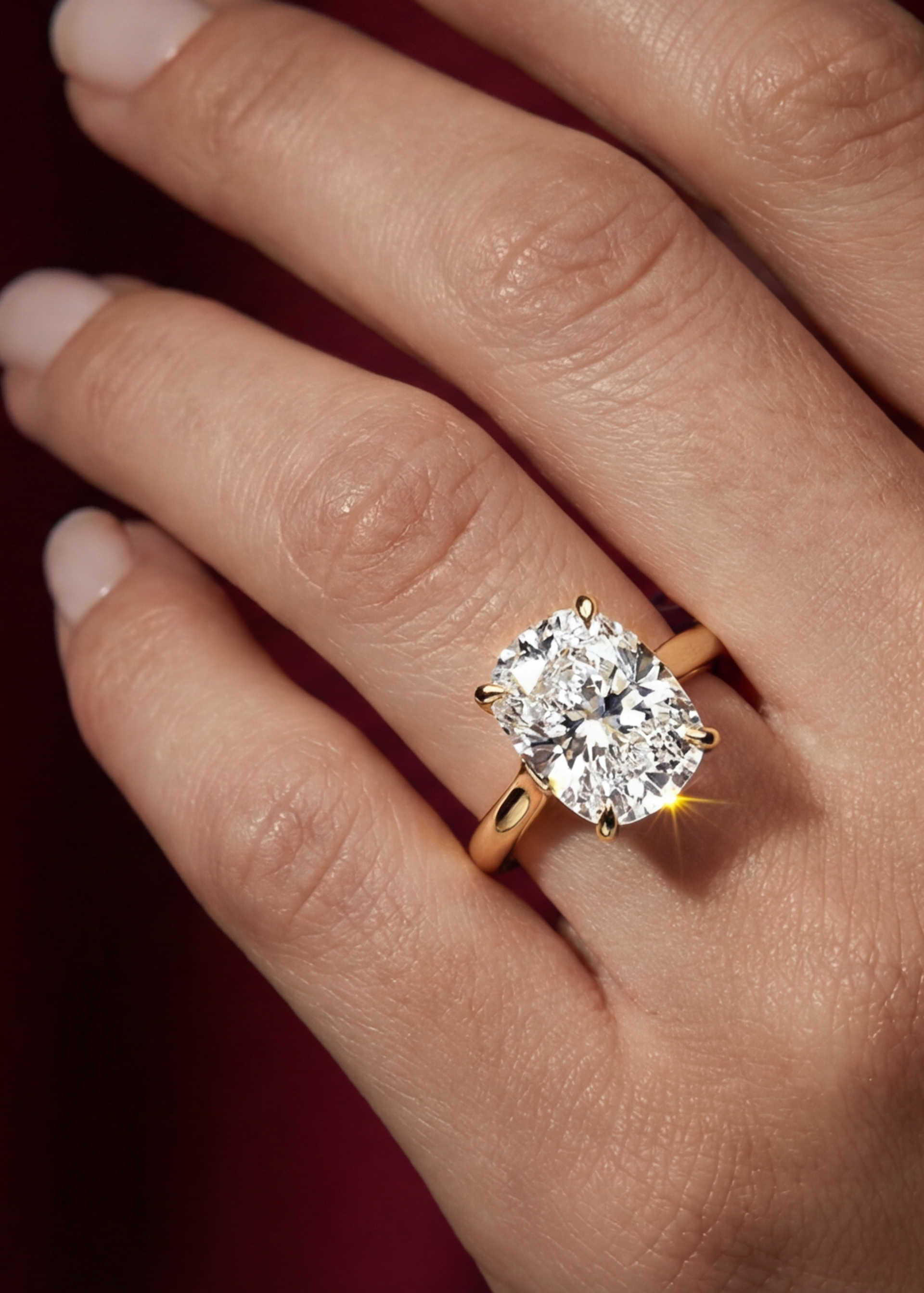Hand wearing a diamond ring on a dark background