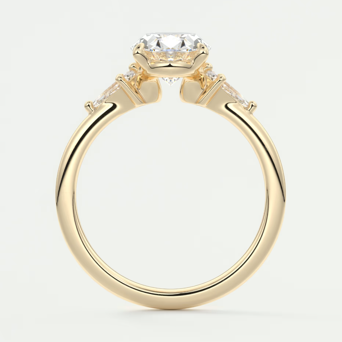 Custom made elysian oval three-stone engagement ring with kite side stones | diamond lab