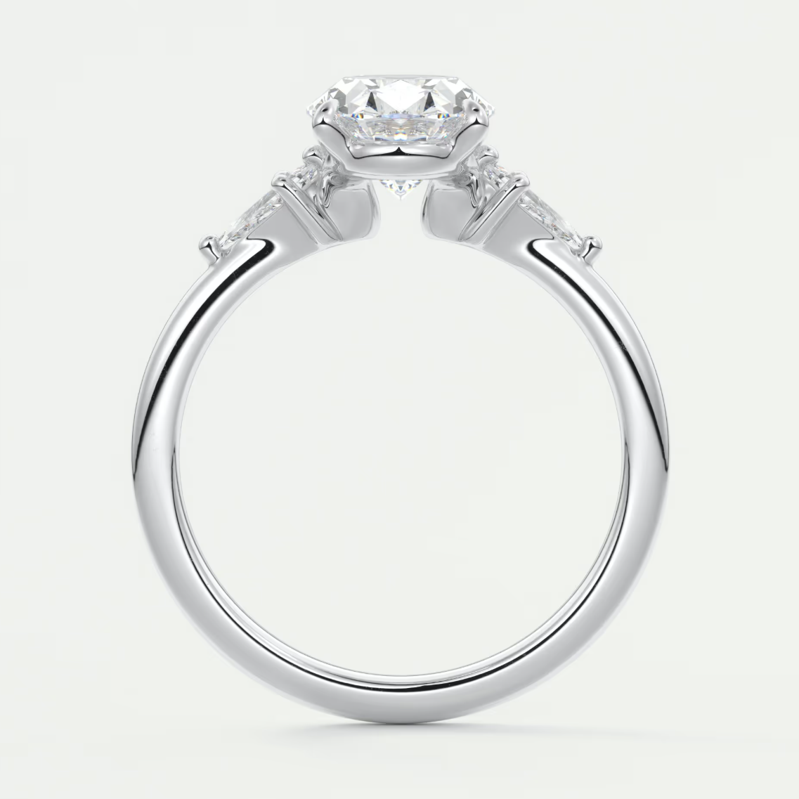 Custom made elysian oval three-stone engagement ring with kite side stones | diamond lab