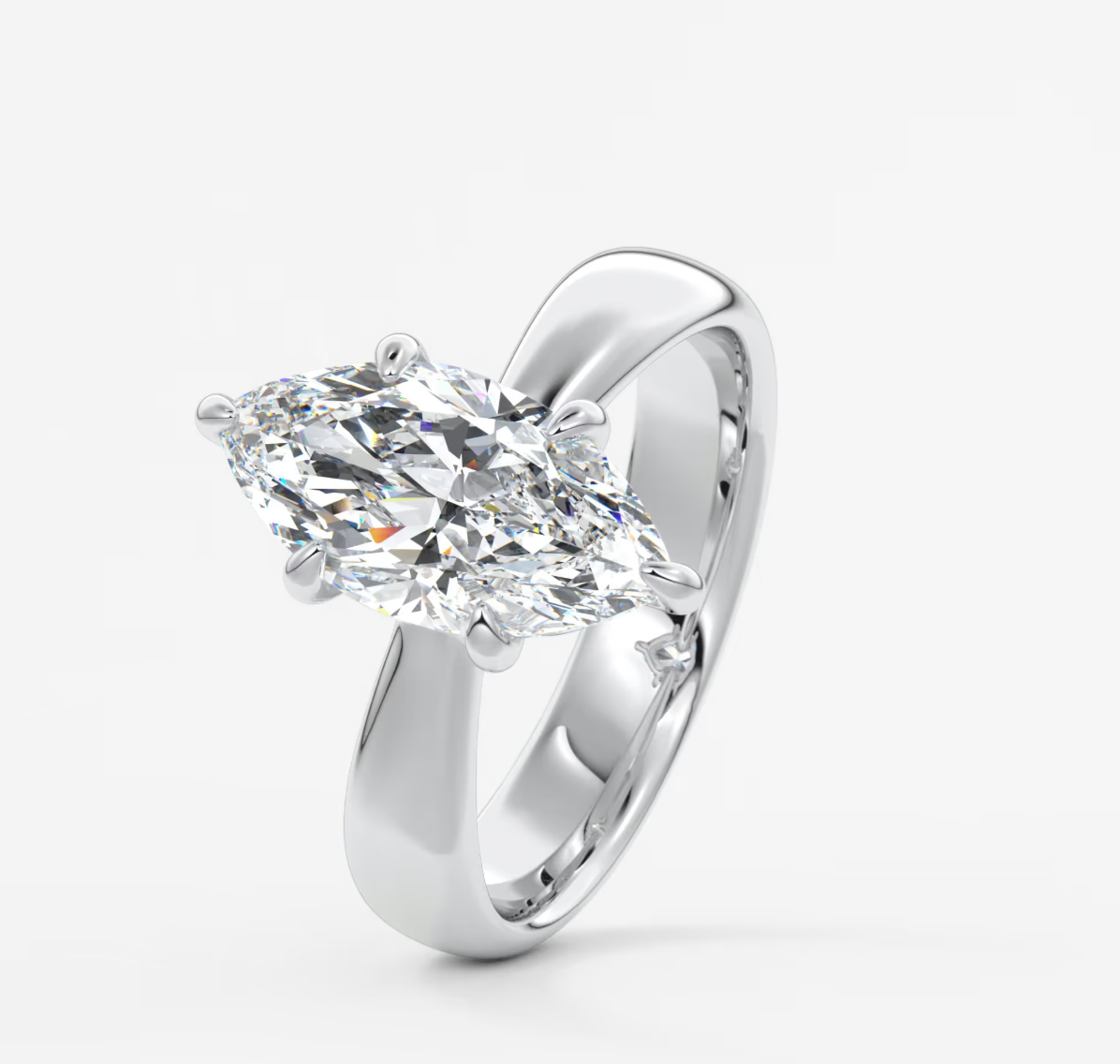 Custom made marquise solitaire engagement ring – sculpted tapered band | diamond lab