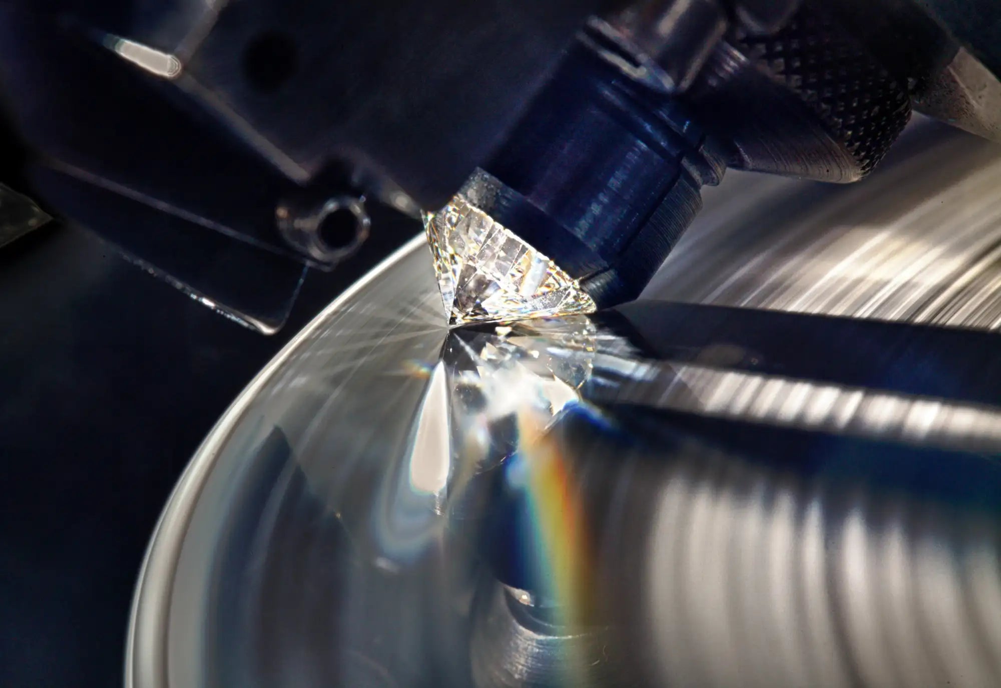 Diamond being examined under a microscope with a rainbow effect