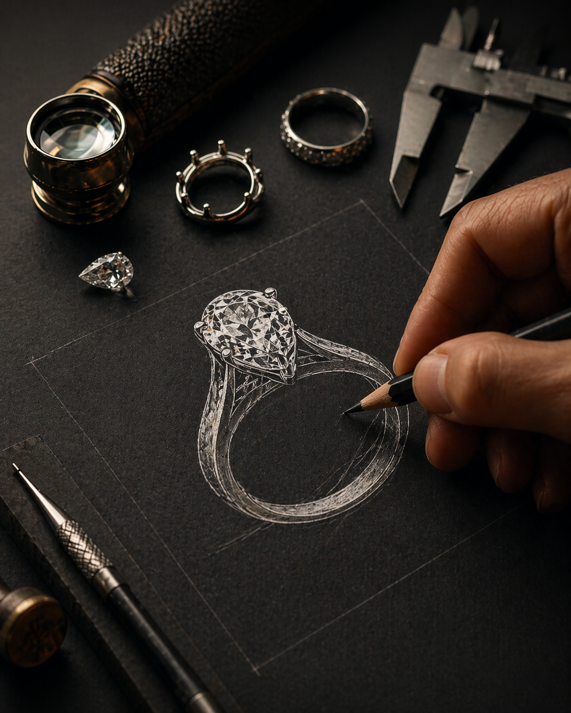 Designer sketching a diamond ring on dark paper with jewelry tools and materials around.