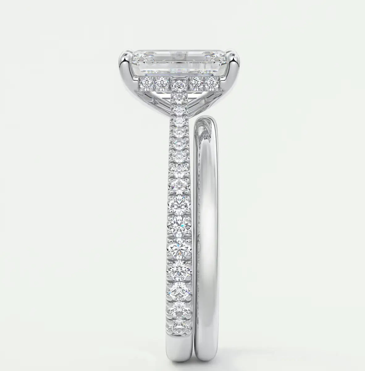 Custom made juliette emerald hidden halo cathedral engagement ring | diamond lab