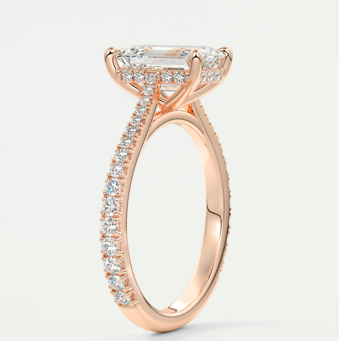 Custom made juliette emerald hidden halo cathedral engagement ring | diamond lab