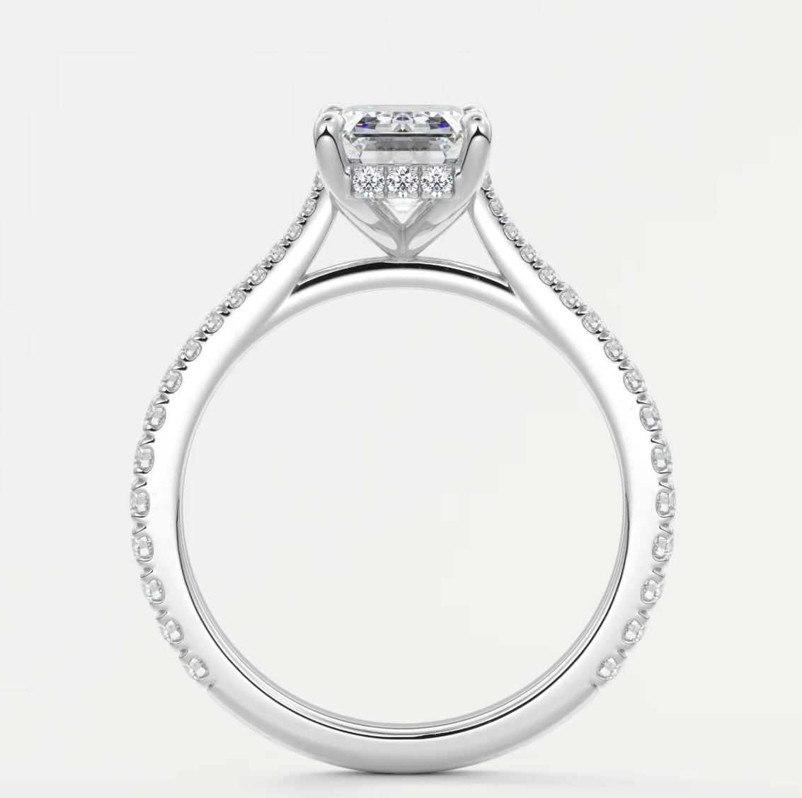 Custom made juliette emerald hidden halo cathedral engagement ring | diamond lab