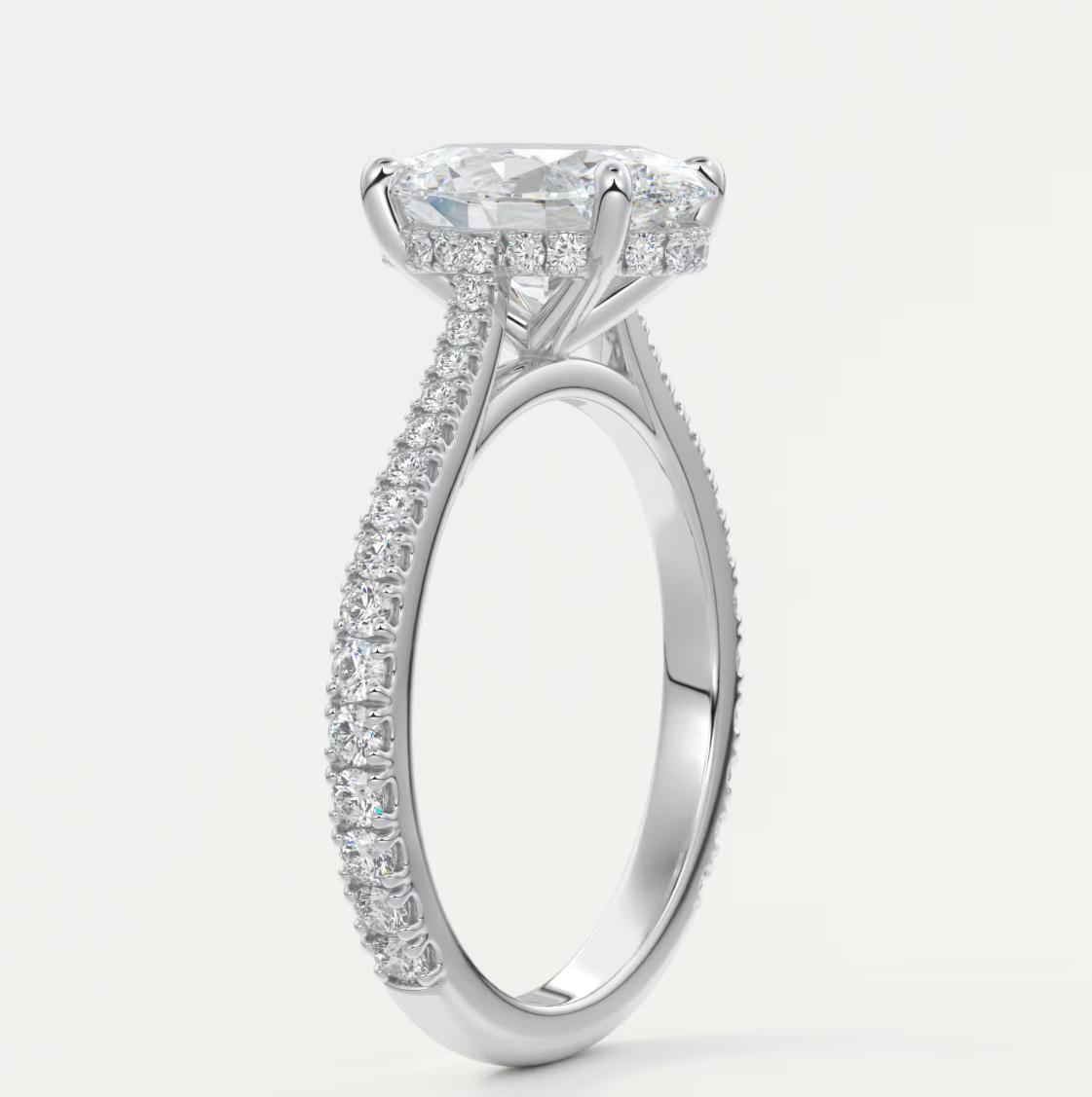 Custom made juliette oval hidden halo cathedral engagement ring | diamond lab