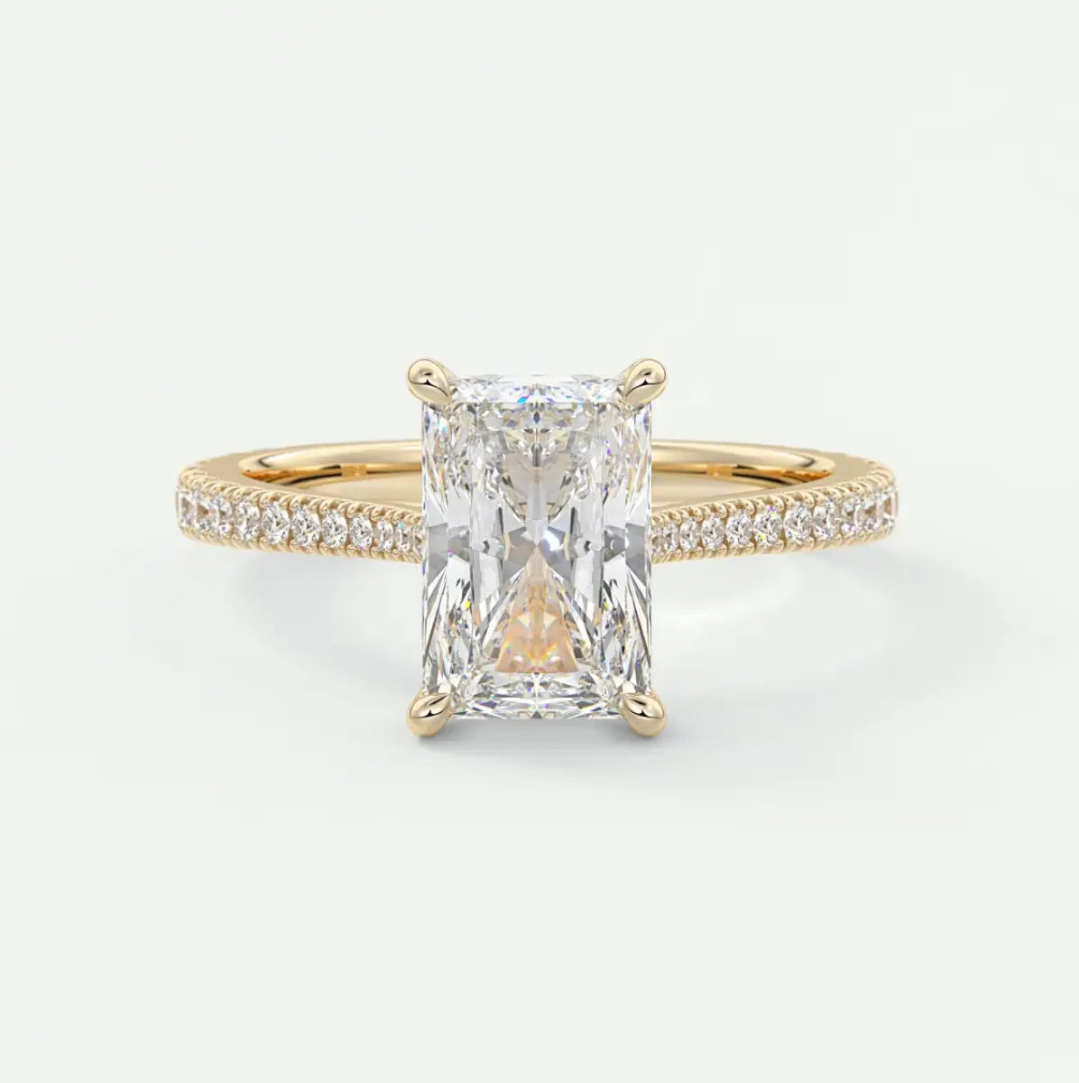 Custom made juliette radiant hidden halo cathedral engagement ring | diamond lab