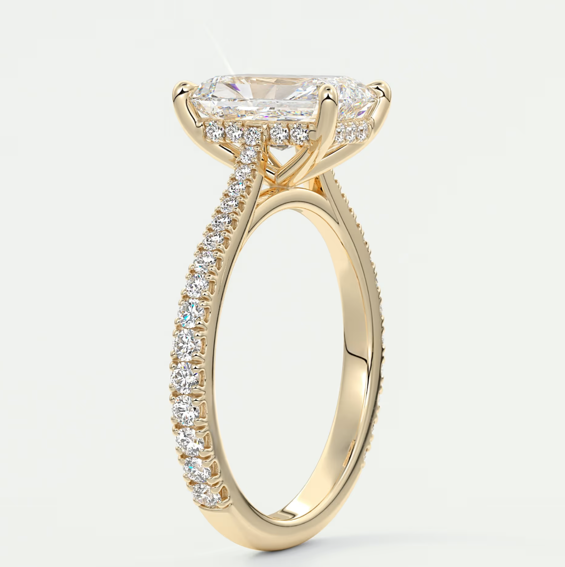 Custom made juliette radiant hidden halo cathedral engagement ring | diamond lab