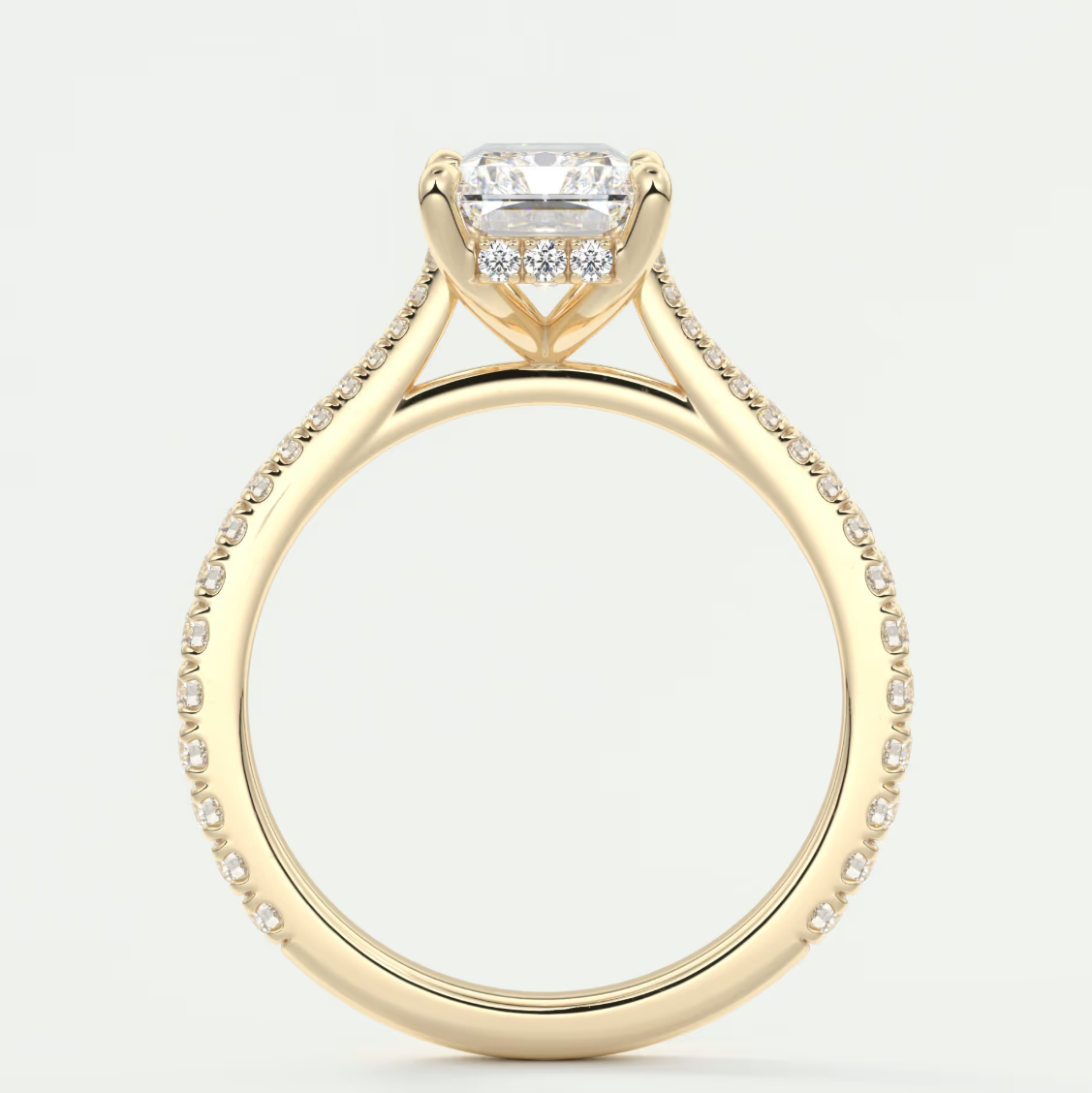 Custom made juliette radiant hidden halo cathedral engagement ring | diamond lab