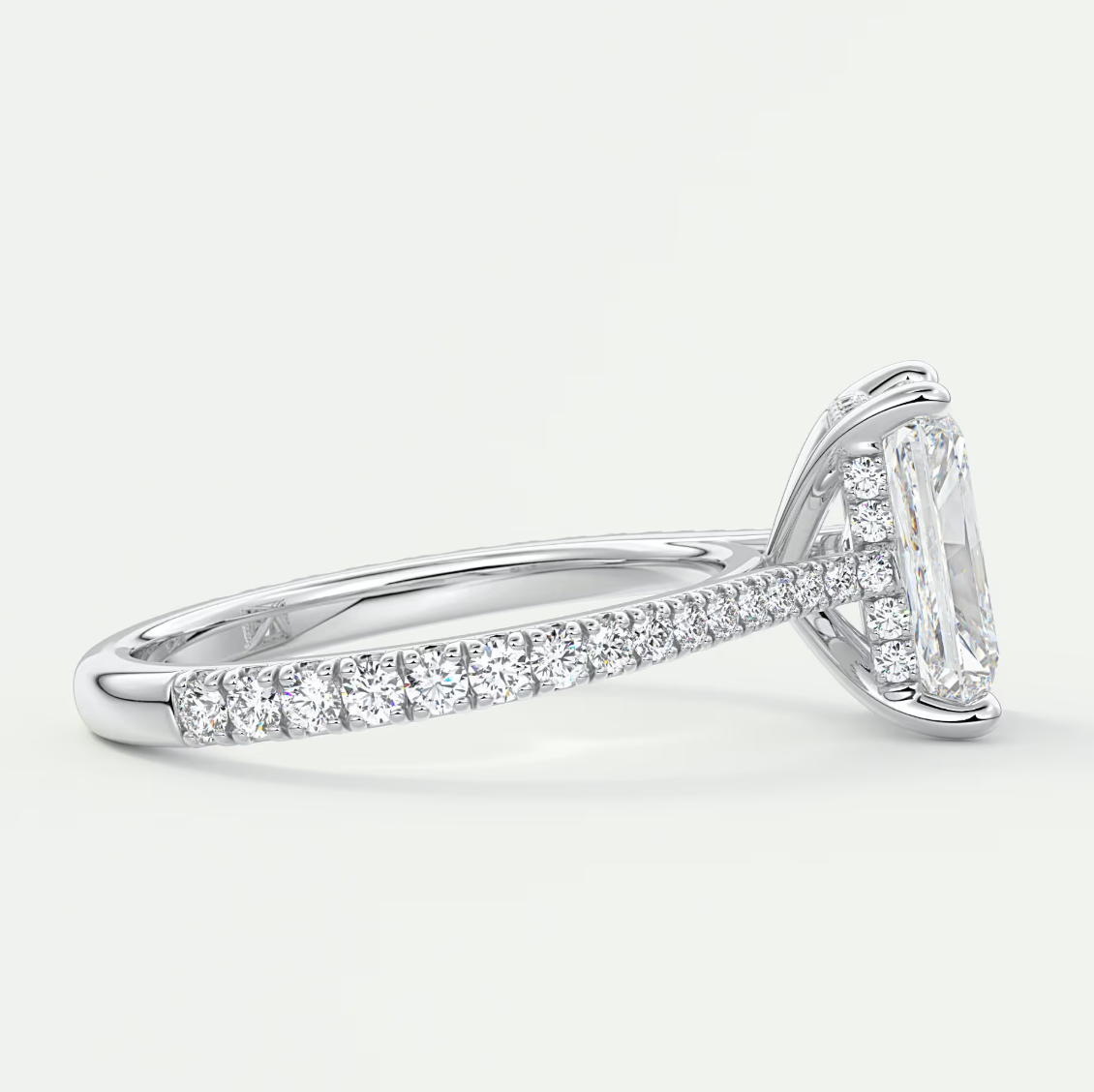 Custom made juliette radiant hidden halo cathedral engagement ring | diamond lab