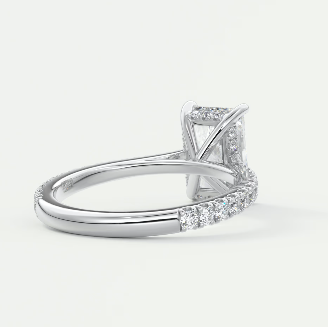 Custom made juliette radiant hidden halo cathedral engagement ring | diamond lab