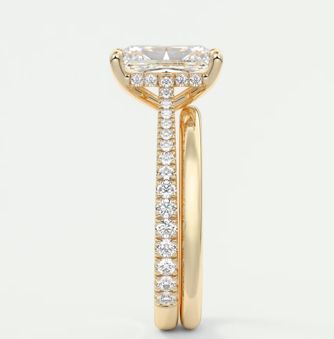 Custom made juliette radiant hidden halo cathedral engagement ring | diamond lab