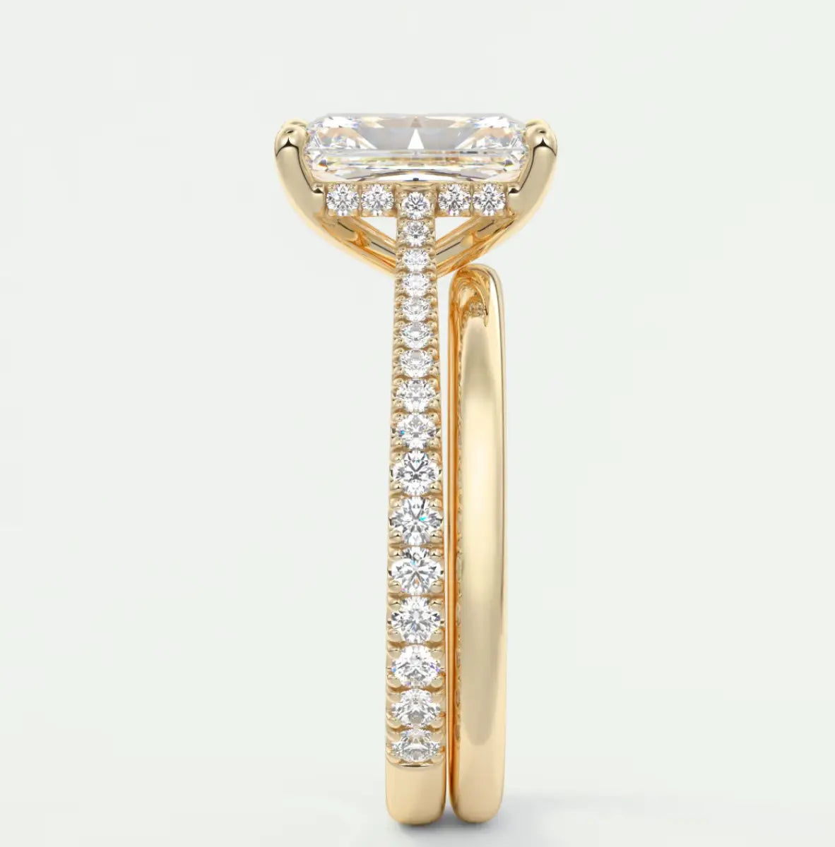 Custom made juliette radiant hidden halo cathedral engagement ring | diamond lab