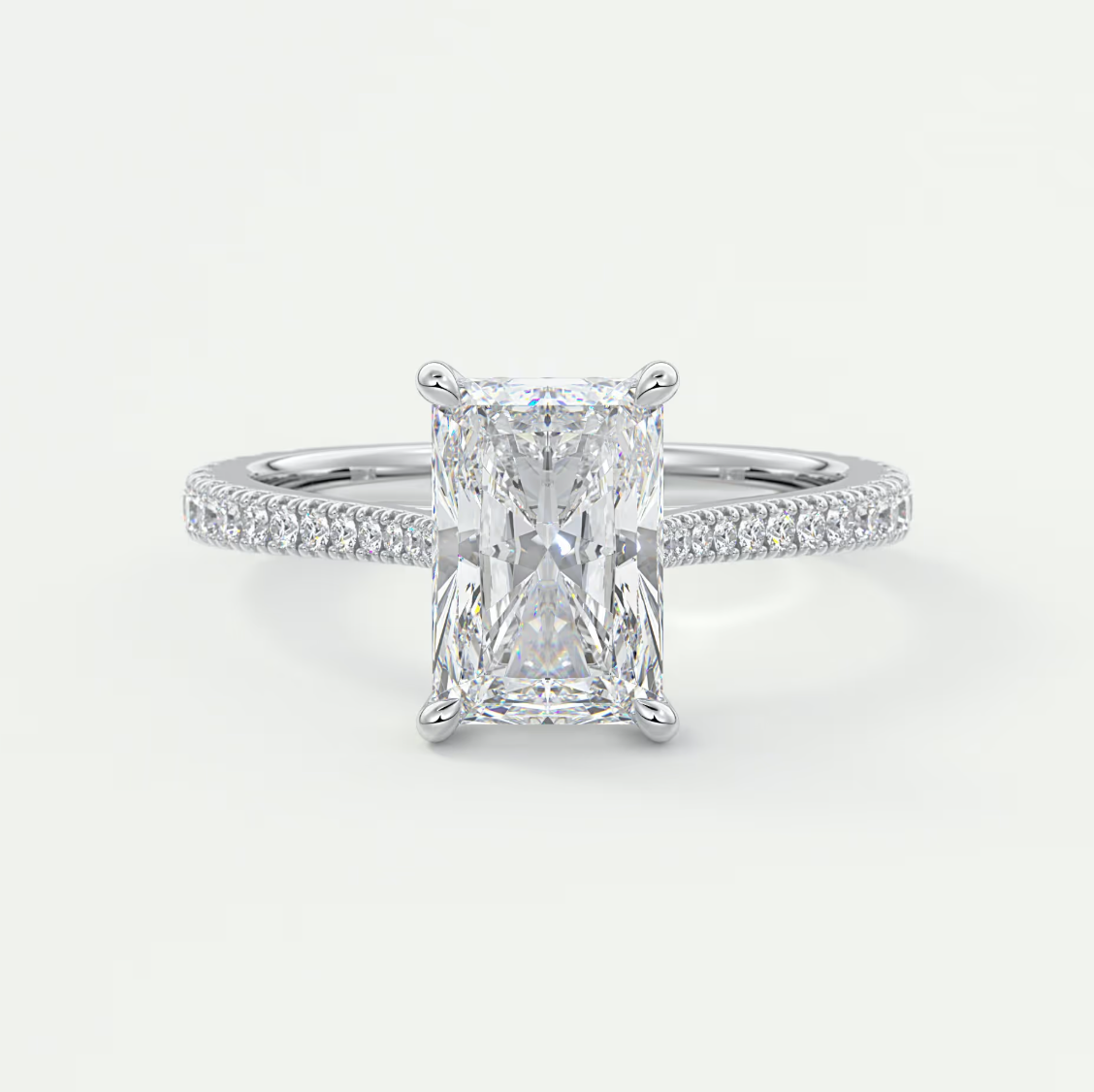 Custom made juliette radiant hidden halo cathedral engagement ring | diamond lab