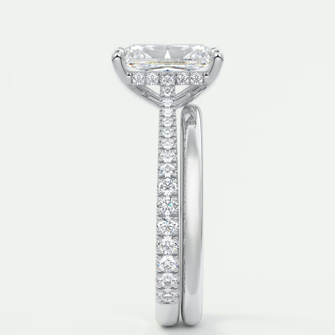 Custom made juliette radiant hidden halo cathedral engagement ring | diamond lab