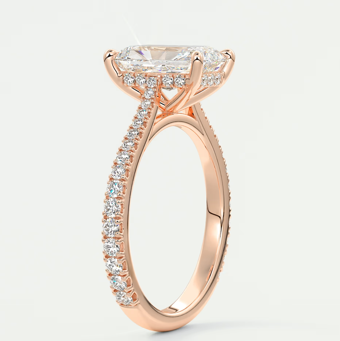 Custom made juliette radiant hidden halo cathedral engagement ring | diamond lab