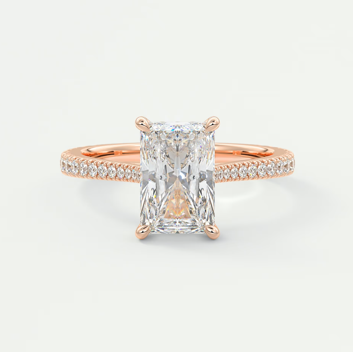 Custom made juliette radiant hidden halo cathedral engagement ring | diamond lab