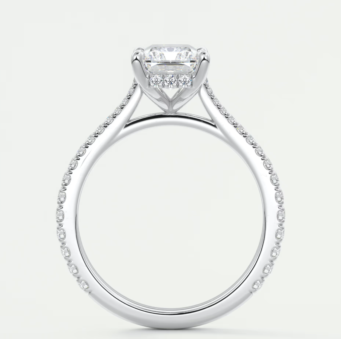 Custom made juliette radiant hidden halo cathedral engagement ring | diamond lab