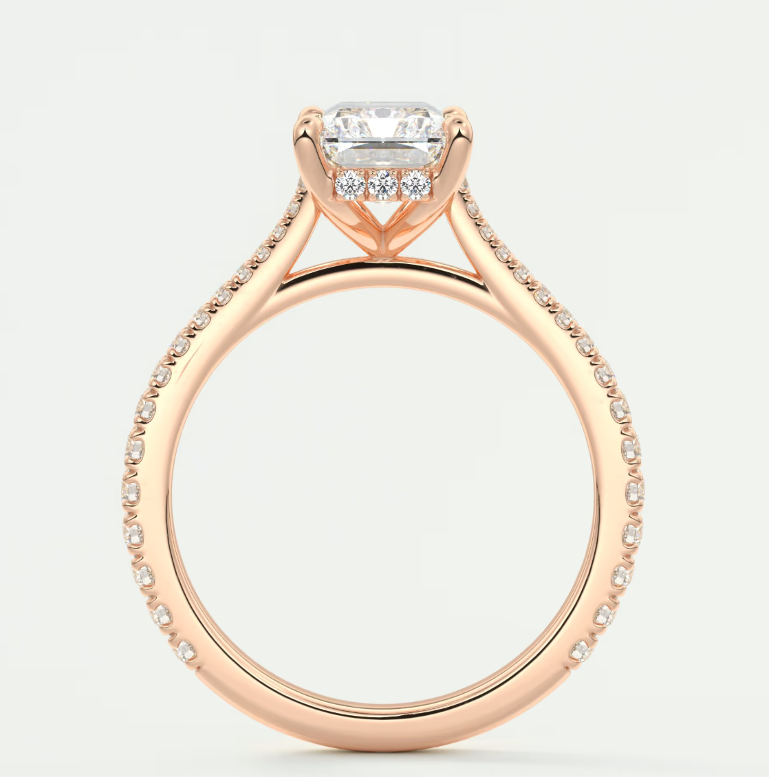 Custom made juliette radiant hidden halo cathedral engagement ring | diamond lab