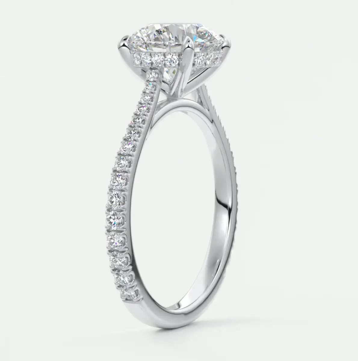 Custom made juliette round hidden halo cathedral engagement ring | diamond lab