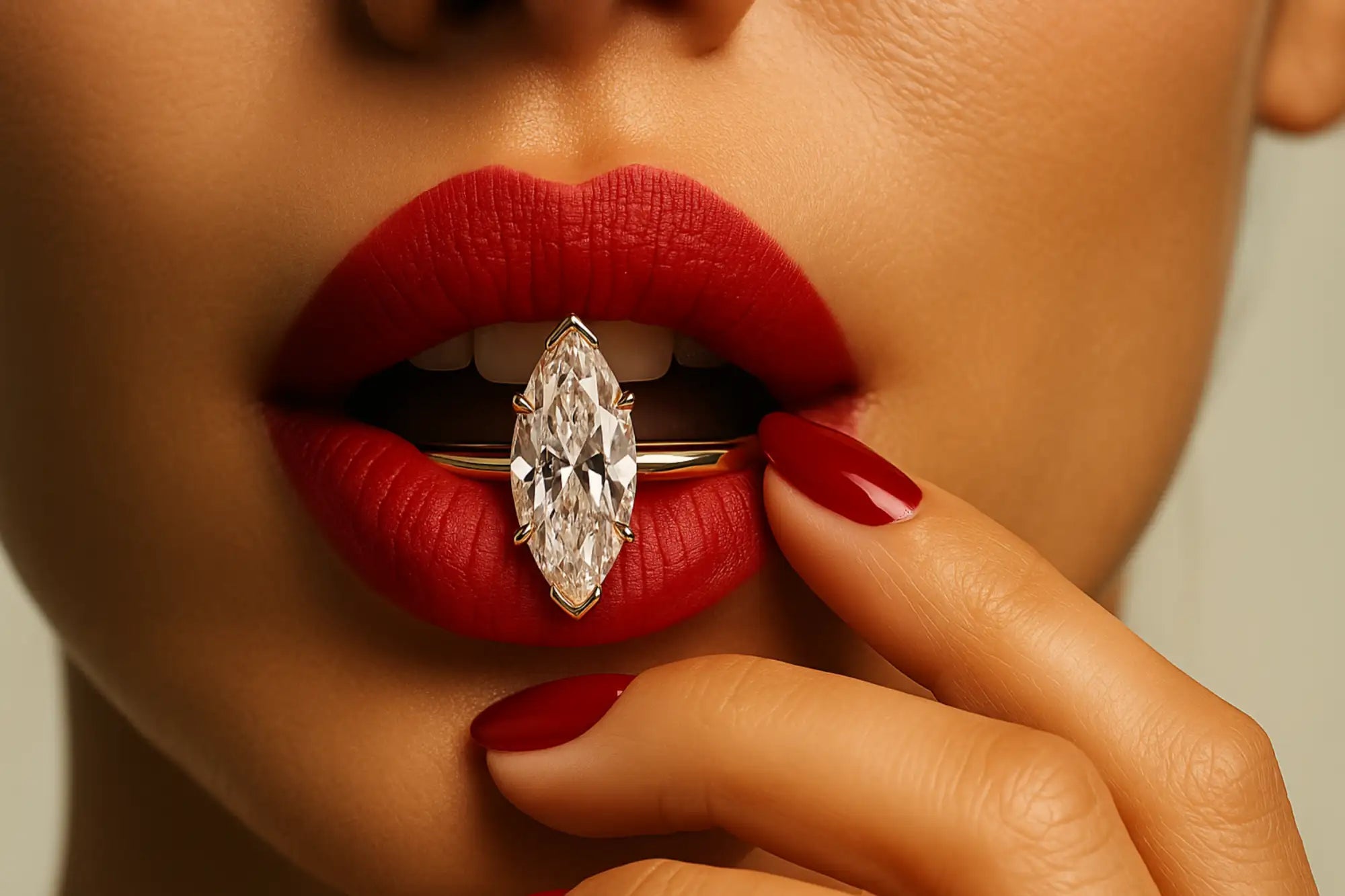 Close-up of a woman's lips with red lipstick and a diamond ring on a neutral background