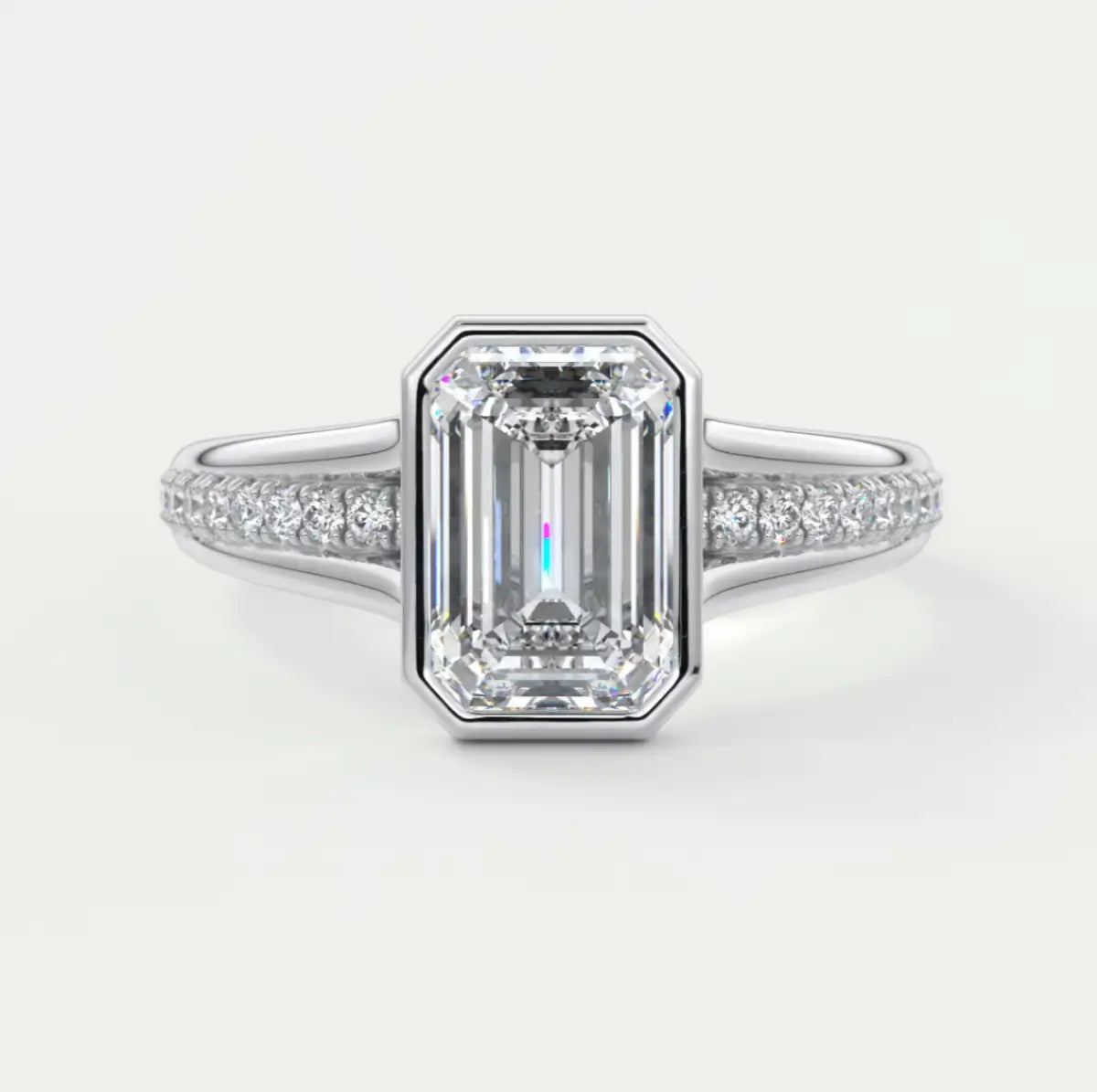 Custom made neriah emerald bezel set engagement ring | split shank | diamond lab